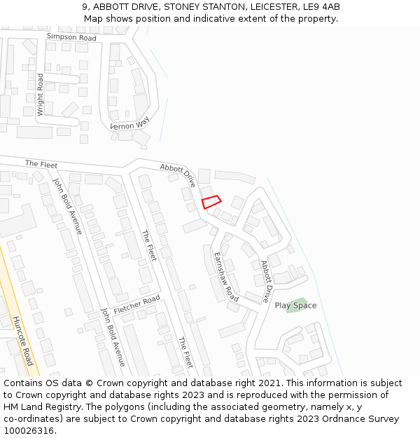 9, ABBOTT DRIVE, STONEY STANTON, LEICESTER, LE9 4AB: Location map and indicative extent of plot