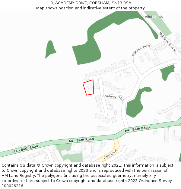 9, ACADEMY DRIVE, CORSHAM, SN13 0SA: Location map and indicative extent of plot