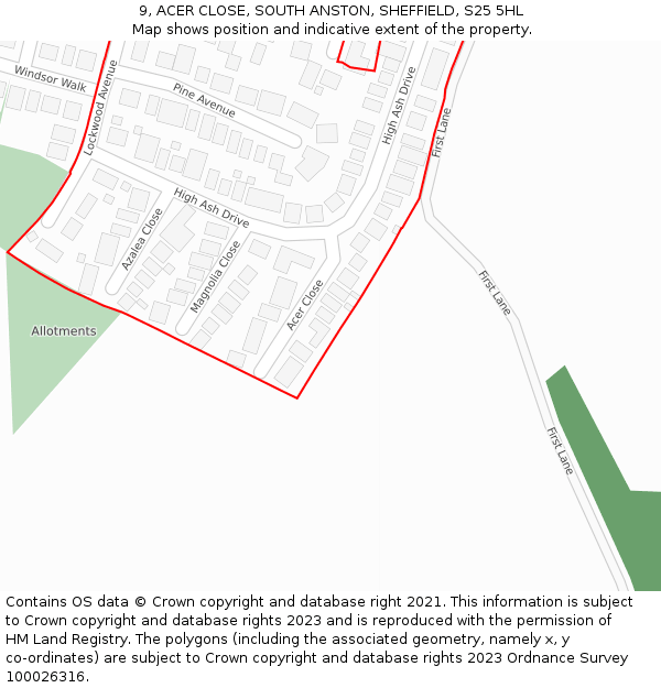 9, ACER CLOSE, SOUTH ANSTON, SHEFFIELD, S25 5HL: Location map and indicative extent of plot