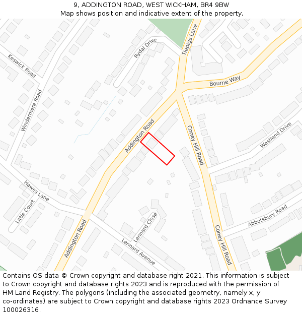9, ADDINGTON ROAD, WEST WICKHAM, BR4 9BW: Location map and indicative extent of plot