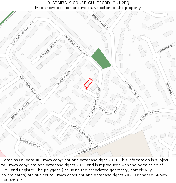 9, ADMIRALS COURT, GUILDFORD, GU1 2PQ: Location map and indicative extent of plot