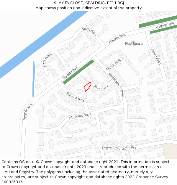 9, AKITA CLOSE, SPALDING, PE11 3GJ: Location map and indicative extent of plot