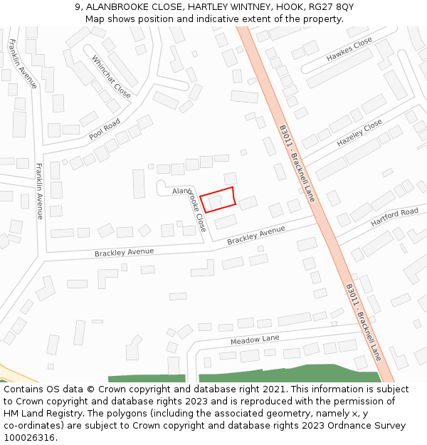 9, ALANBROOKE CLOSE, HARTLEY WINTNEY, HOOK, RG27 8QY: Location map and indicative extent of plot