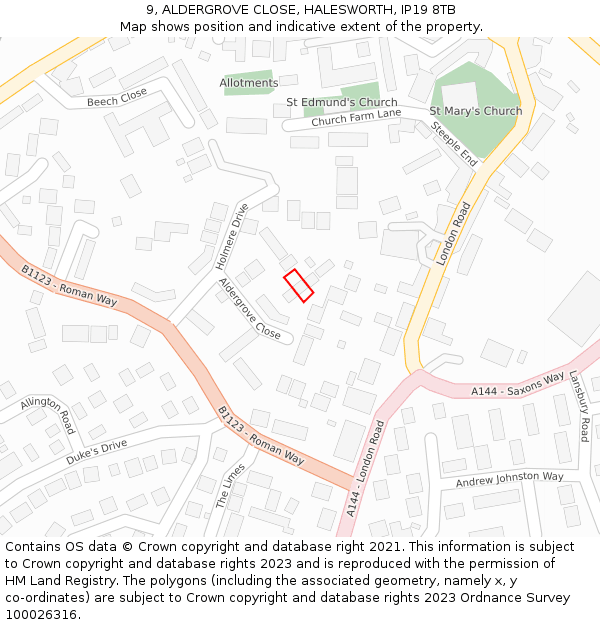 9, ALDERGROVE CLOSE, HALESWORTH, IP19 8TB: Location map and indicative extent of plot