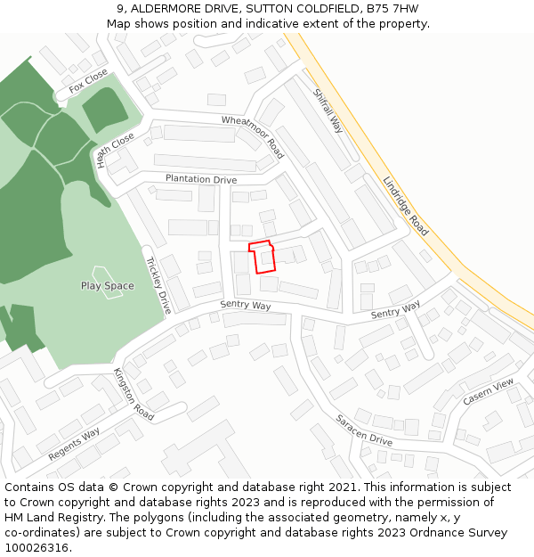 9, ALDERMORE DRIVE, SUTTON COLDFIELD, B75 7HW: Location map and indicative extent of plot