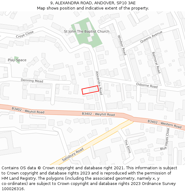 9, ALEXANDRA ROAD, ANDOVER, SP10 3AE: Location map and indicative extent of plot