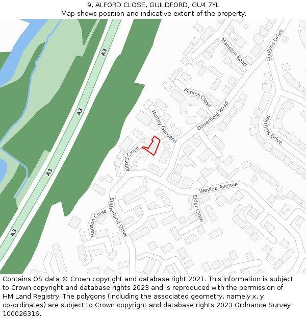 9, ALFORD CLOSE, GUILDFORD, GU4 7YL: Location map and indicative extent of plot