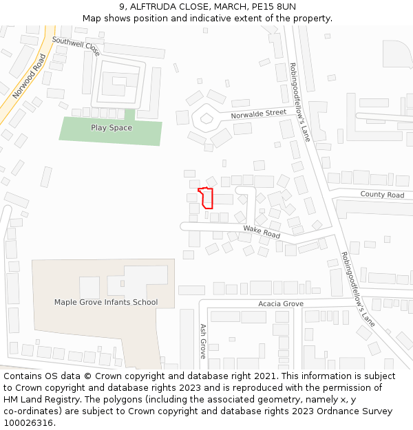 9, ALFTRUDA CLOSE, MARCH, PE15 8UN: Location map and indicative extent of plot