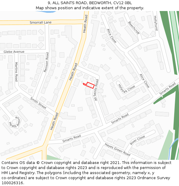 9, ALL SAINTS ROAD, BEDWORTH, CV12 0BL: Location map and indicative extent of plot