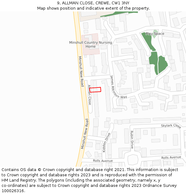 9, ALLMAN CLOSE, CREWE, CW1 3NY: Location map and indicative extent of plot