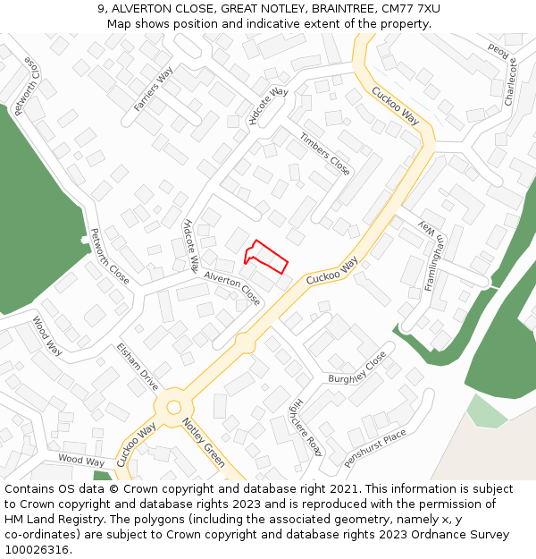 9, ALVERTON CLOSE, GREAT NOTLEY, BRAINTREE, CM77 7XU: Location map and indicative extent of plot