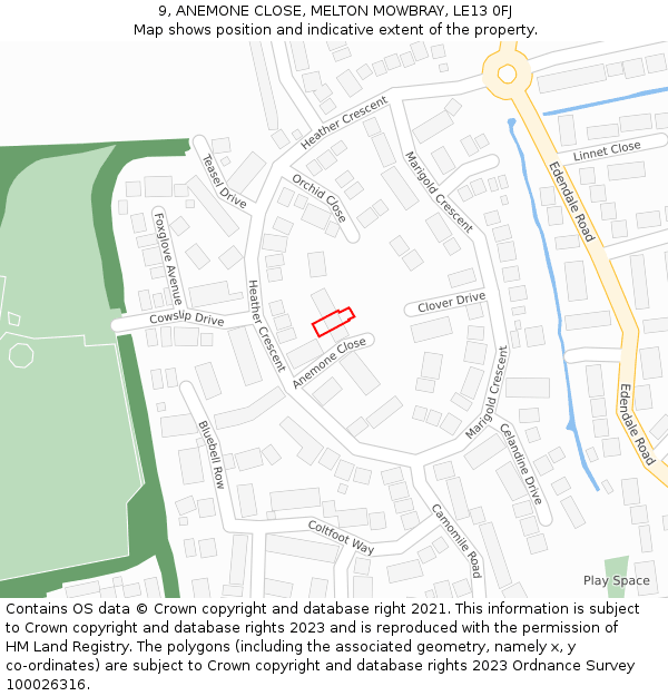 9, ANEMONE CLOSE, MELTON MOWBRAY, LE13 0FJ: Location map and indicative extent of plot