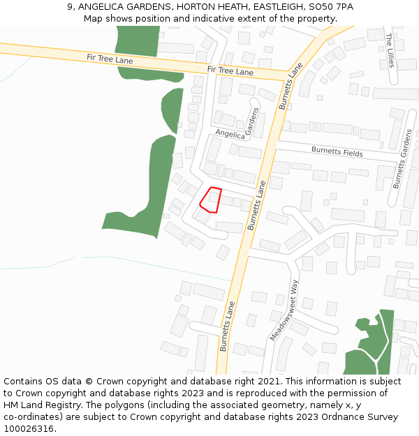 9, ANGELICA GARDENS, HORTON HEATH, EASTLEIGH, SO50 7PA: Location map and indicative extent of plot