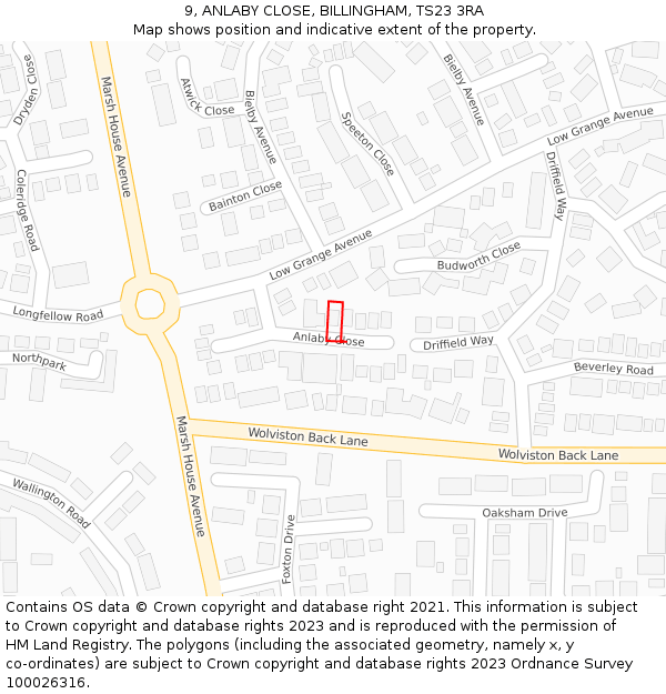 9, ANLABY CLOSE, BILLINGHAM, TS23 3RA: Location map and indicative extent of plot