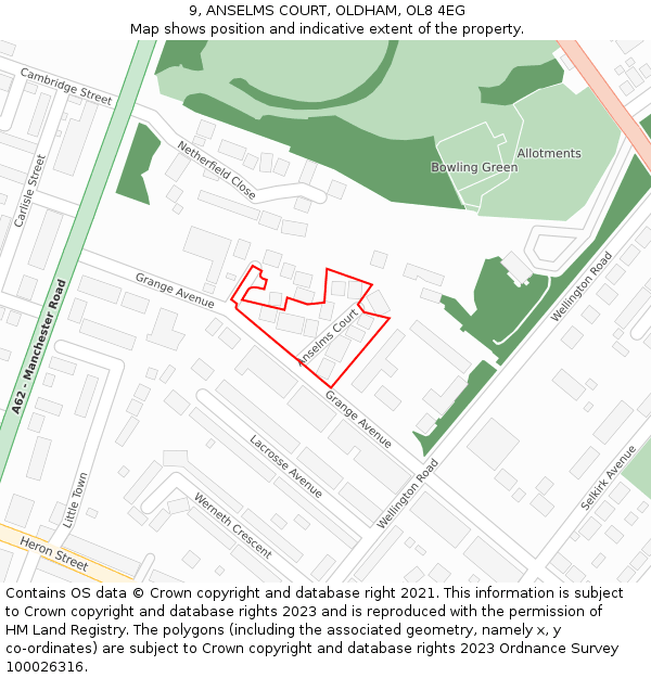 9, ANSELMS COURT, OLDHAM, OL8 4EG: Location map and indicative extent of plot