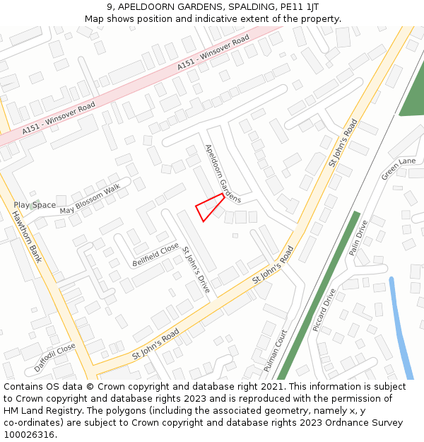 9, APELDOORN GARDENS, SPALDING, PE11 1JT: Location map and indicative extent of plot