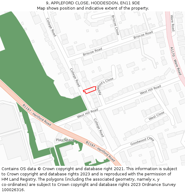 9, APPLEFORD CLOSE, HODDESDON, EN11 9DE: Location map and indicative extent of plot