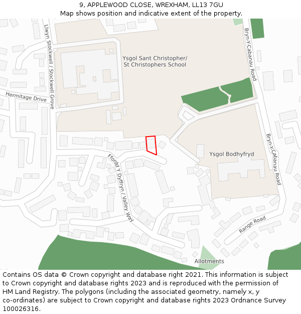 9, APPLEWOOD CLOSE, WREXHAM, LL13 7GU: Location map and indicative extent of plot