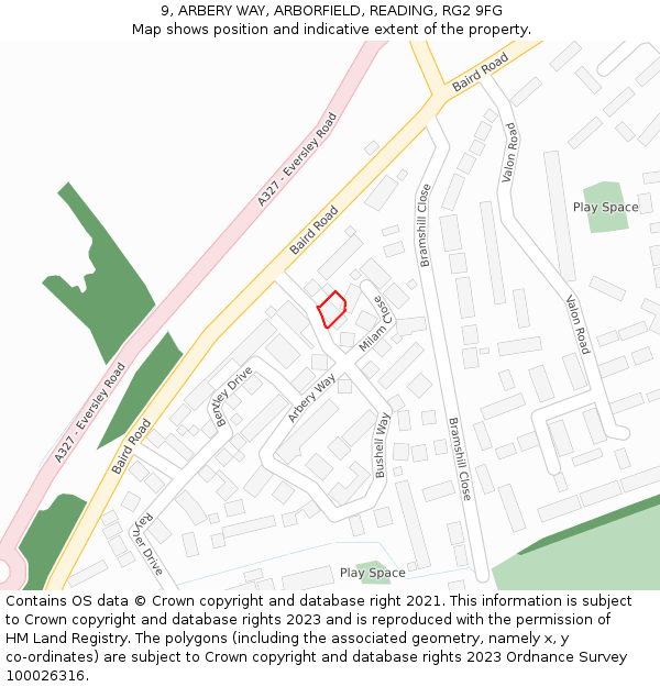 9, ARBERY WAY, ARBORFIELD, READING, RG2 9FG: Location map and indicative extent of plot