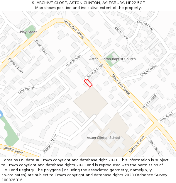 9, ARCHIVE CLOSE, ASTON CLINTON, AYLESBURY, HP22 5GE: Location map and indicative extent of plot