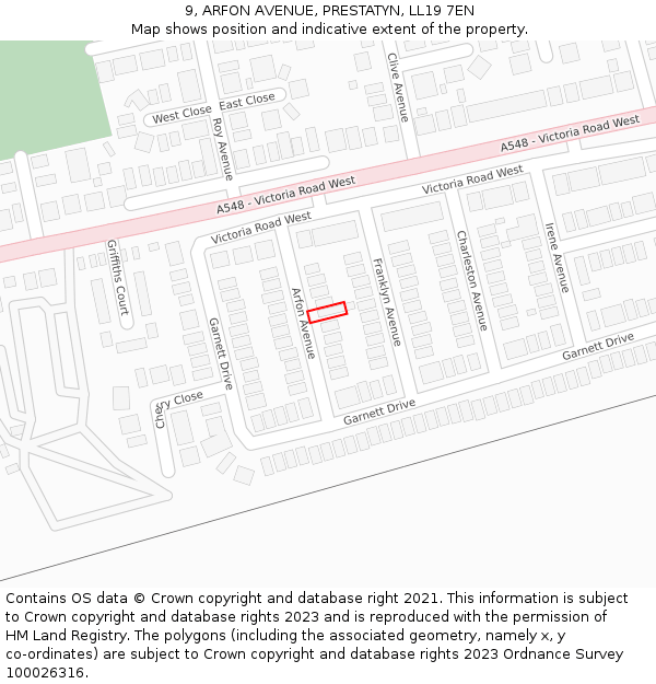 9, ARFON AVENUE, PRESTATYN, LL19 7EN: Location map and indicative extent of plot