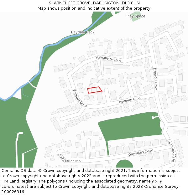 9, ARNCLIFFE GROVE, DARLINGTON, DL3 8UN: Location map and indicative extent of plot