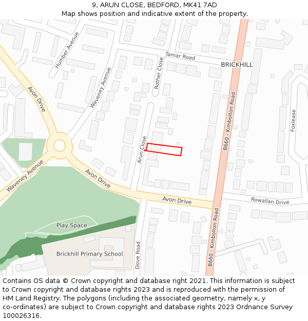 9, ARUN CLOSE, BEDFORD, MK41 7AD: Location map and indicative extent of plot