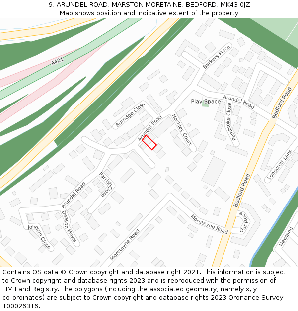 9, ARUNDEL ROAD, MARSTON MORETAINE, BEDFORD, MK43 0JZ: Location map and indicative extent of plot