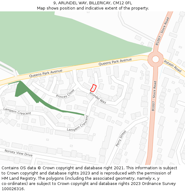 9, ARUNDEL WAY, BILLERICAY, CM12 0FL: Location map and indicative extent of plot