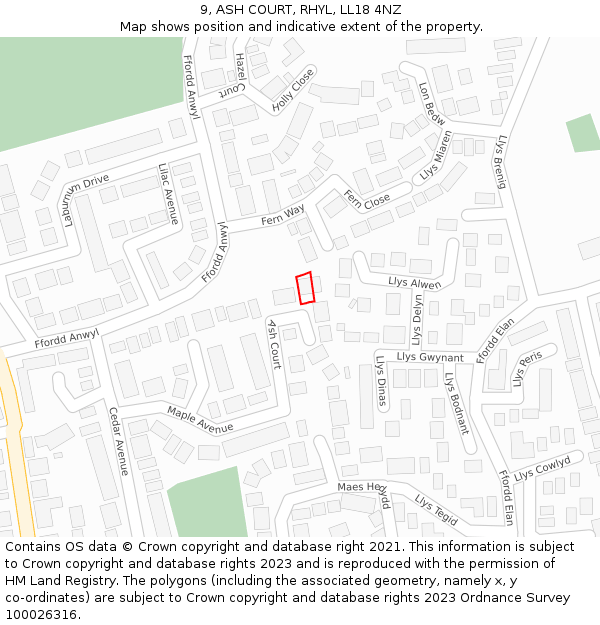 9, ASH COURT, RHYL, LL18 4NZ: Location map and indicative extent of plot