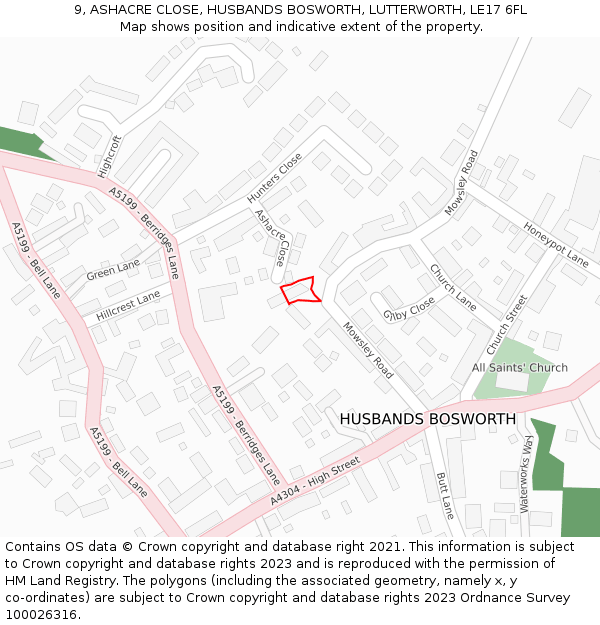 9, ASHACRE CLOSE, HUSBANDS BOSWORTH, LUTTERWORTH, LE17 6FL: Location map and indicative extent of plot