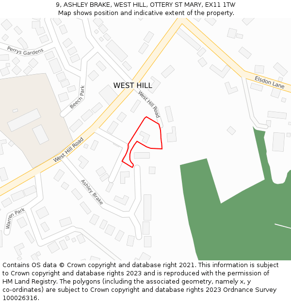 9, ASHLEY BRAKE, WEST HILL, OTTERY ST MARY, EX11 1TW: Location map and indicative extent of plot