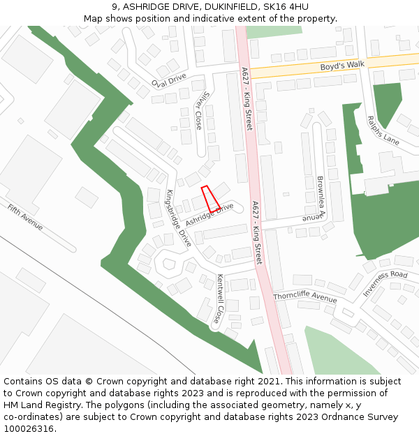 9, ASHRIDGE DRIVE, DUKINFIELD, SK16 4HU: Location map and indicative extent of plot