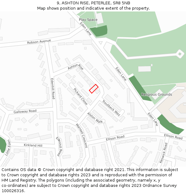 9, ASHTON RISE, PETERLEE, SR8 5NB: Location map and indicative extent of plot