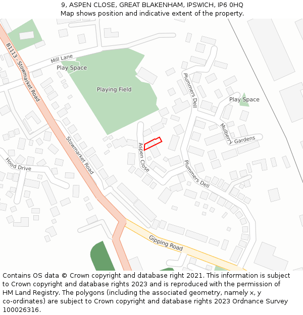 9, ASPEN CLOSE, GREAT BLAKENHAM, IPSWICH, IP6 0HQ: Location map and indicative extent of plot