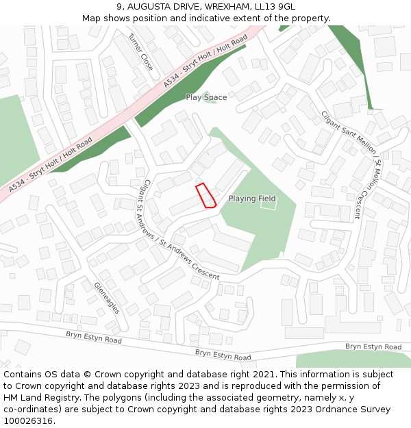 9, AUGUSTA DRIVE, WREXHAM, LL13 9GL: Location map and indicative extent of plot