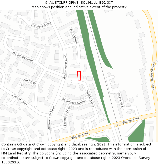 9, AUSTCLIFF DRIVE, SOLIHULL, B91 3XT: Location map and indicative extent of plot