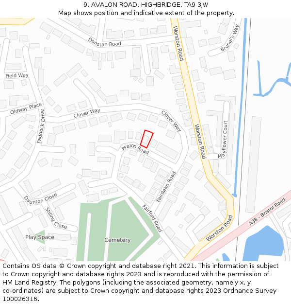 9, AVALON ROAD, HIGHBRIDGE, TA9 3JW: Location map and indicative extent of plot