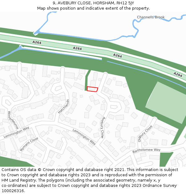 9, AVEBURY CLOSE, HORSHAM, RH12 5JY: Location map and indicative extent of plot