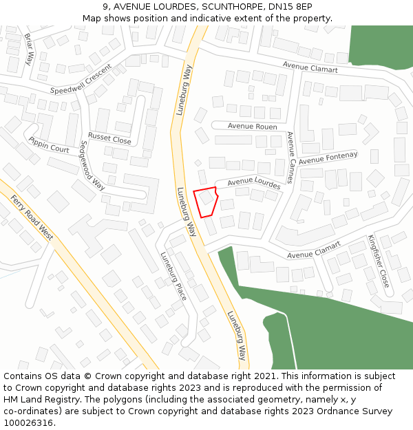 9, AVENUE LOURDES, SCUNTHORPE, DN15 8EP: Location map and indicative extent of plot