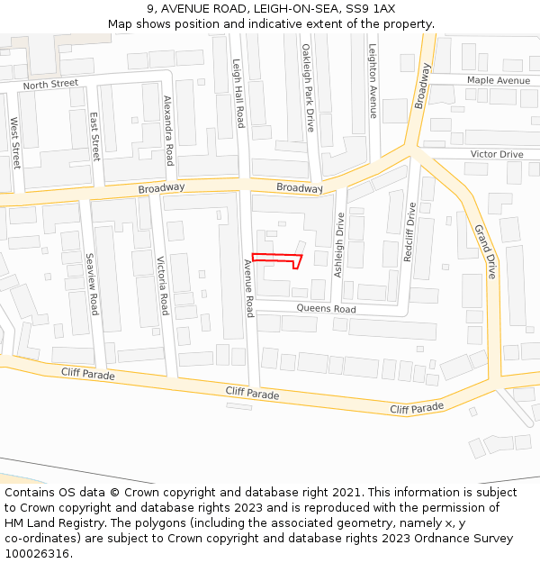 9, AVENUE ROAD, LEIGH-ON-SEA, SS9 1AX: Location map and indicative extent of plot