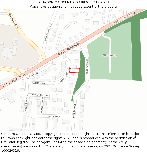 9, AYDON CRESCENT, CORBRIDGE, NE45 5EB: Location map and indicative extent of plot
