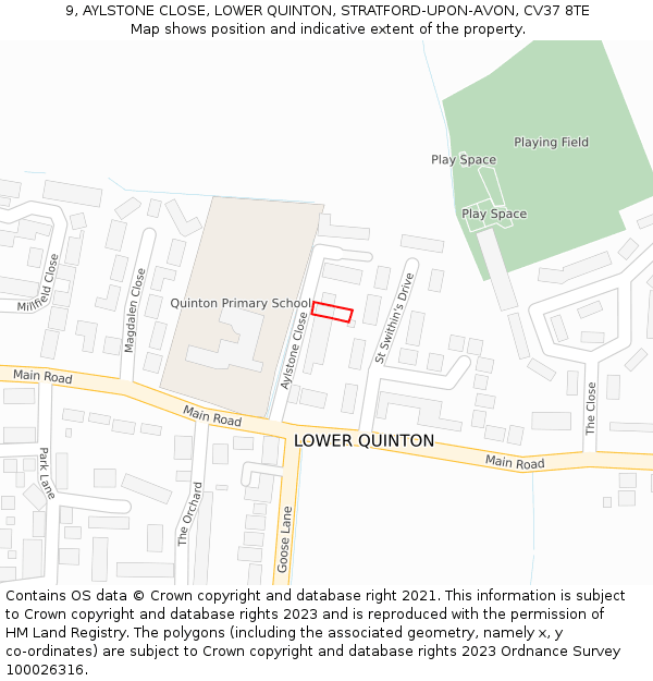 9, AYLSTONE CLOSE, LOWER QUINTON, STRATFORD-UPON-AVON, CV37 8TE: Location map and indicative extent of plot