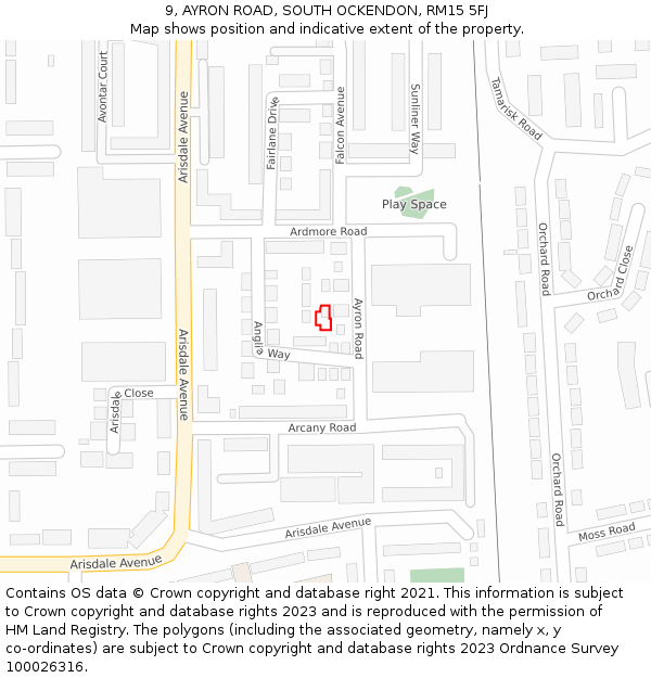 9, AYRON ROAD, SOUTH OCKENDON, RM15 5FJ: Location map and indicative extent of plot