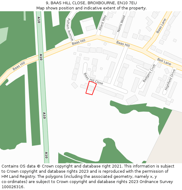 9, BAAS HILL CLOSE, BROXBOURNE, EN10 7EU: Location map and indicative extent of plot