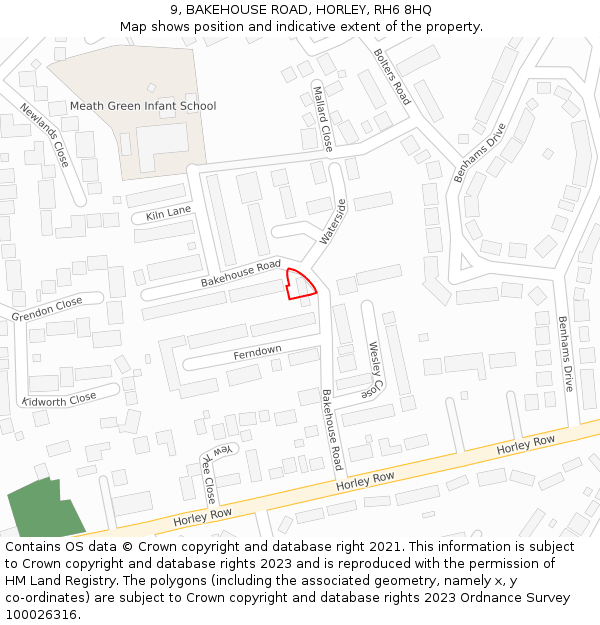 9, BAKEHOUSE ROAD, HORLEY, RH6 8HQ: Location map and indicative extent of plot