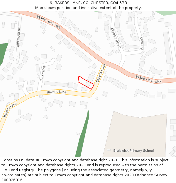 9, BAKERS LANE, COLCHESTER, CO4 5BB: Location map and indicative extent of plot