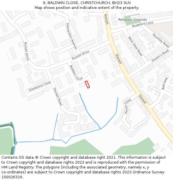 9, BALDWIN CLOSE, CHRISTCHURCH, BH23 3LN: Location map and indicative extent of plot