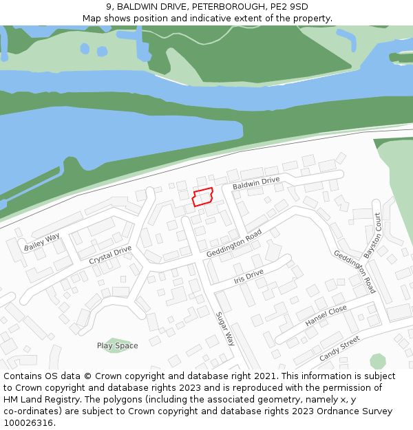 9, BALDWIN DRIVE, PETERBOROUGH, PE2 9SD: Location map and indicative extent of plot
