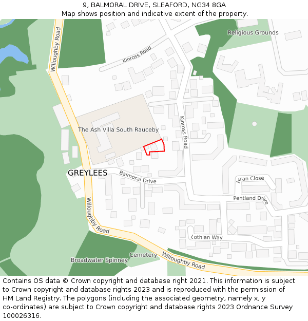 9, BALMORAL DRIVE, SLEAFORD, NG34 8GA: Location map and indicative extent of plot